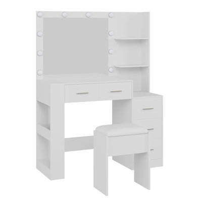 Makeup Vanity with Lights and Mirror, 41" Vanity Desk with Stool and Outlets, Lighted Vanity Table with 10 Bulbs, 3 Color Modes, 5 Drawers, Hair Dryer Holder for Bedroom