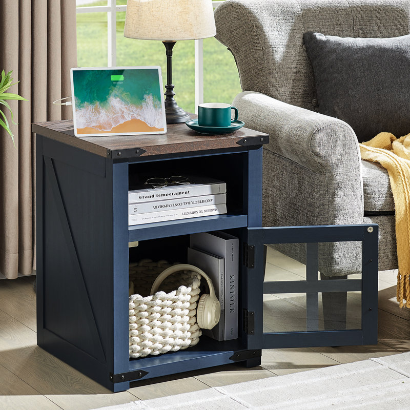 24''H Farmhouse End Table With Charging Station Rustic Nightstand, Brown, Navy