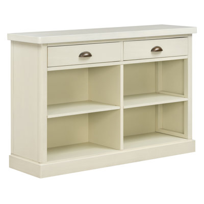 Console en bois d'acacia Harper avec 2 tiroirs et tablettes de rangement ouvertes