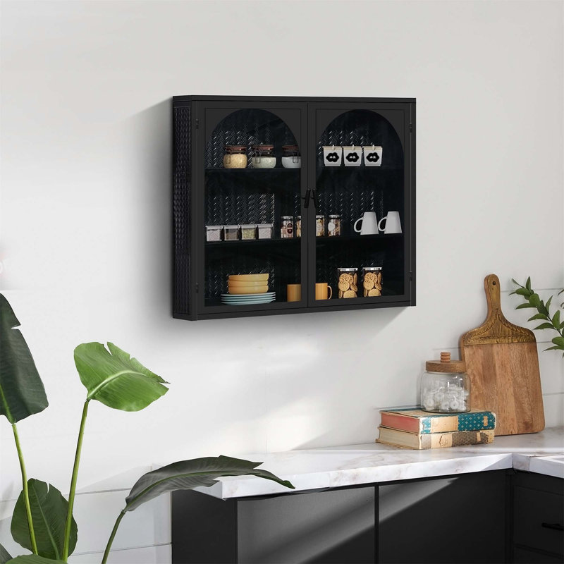 Modern Two-Door Wall Cabinet With Featuring Three-Tier Storage, Black