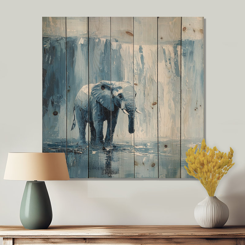 Éléphant monochrome et la chute d'eau II - Éléphant, décoration murale en bois animal - sur bois de pin naturel