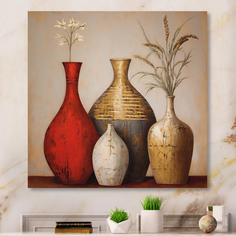 Cottage Vases rouges fleurs de blé séché I - art mural Boho Pottery pour le salon, H 36 po x l 36 po x P 1,5 po, Toile tendue