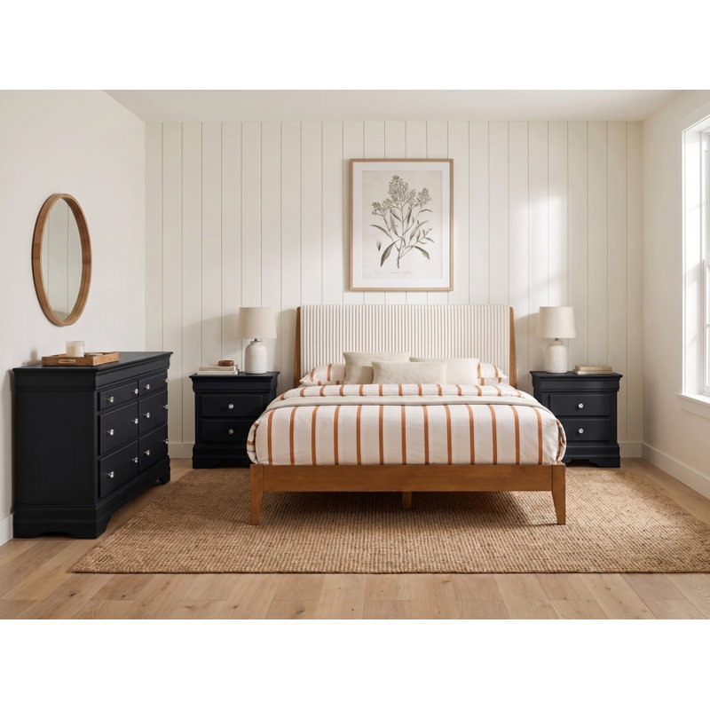 Ensemble de chambre à coucher entièrement assemblée en bois massif 4 pièces Nane, Noyer noir/ambre