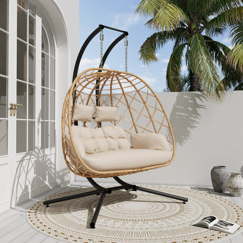 MICLEED 2 Person Swing Chair With Stand Hanging Chair With Cushion, Brown/Beige