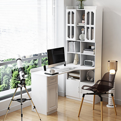Bureau d'ordinateur d'angle en L, table d'étude de style moderne avec tiroirs, bibliothèque et huche