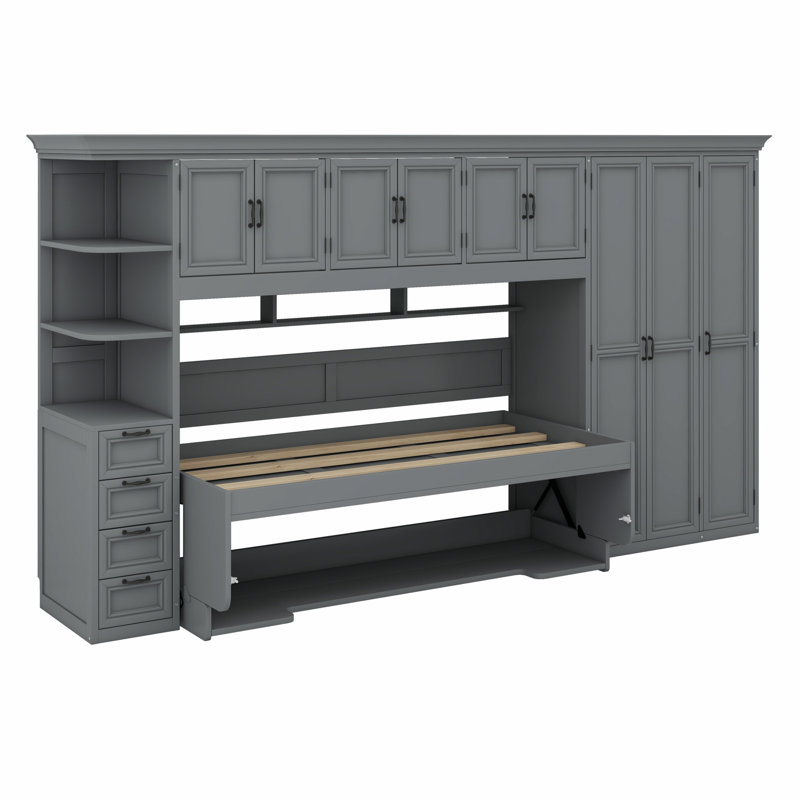 Lit escamotable simple 6 tiroirs avec garde-robe, tablettes, armoire et bureau, Gris