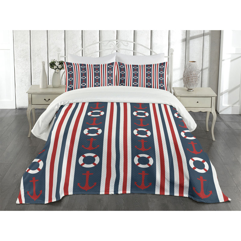 Nautical Queen Bedspread Set with Anchors and Stripes