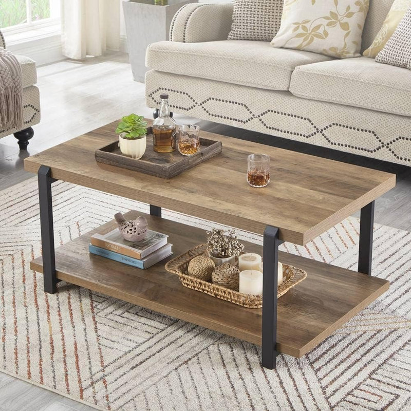 Table basse industrielle avec tablette, bois et métal