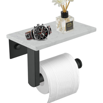 Toilet Paper Holder with Marble Shelf Wall Mounted, Toilet Paper Roll Holder with Phone Shelf 304 Stainless Steel Tissue Holder for Bathroom Washroom, Saving Space, (Black)