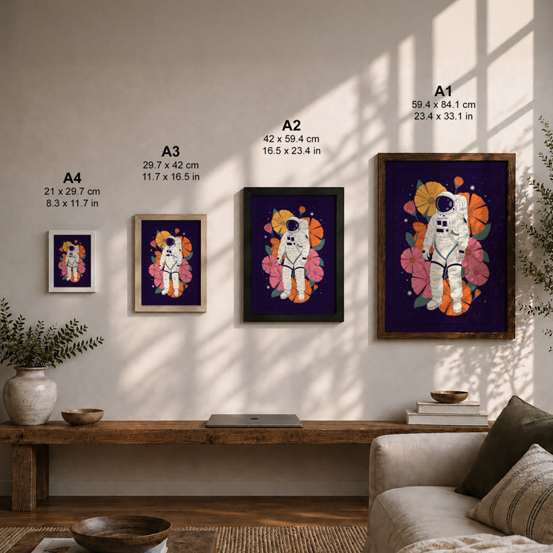 Astronaut Among Blooms Modern - Framed Print, Unframed, A2 - 59.4 x 42.0 cm