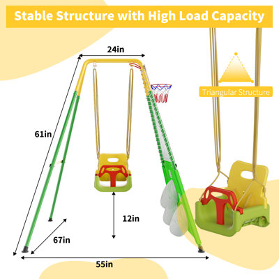 3 in 1 Toddler Swing Set with Basketball Rim and Soccer Scoring Net, Indoor Outdoor Baby Swing with Metal Stand, Kids Swing Set for Backyard, Free Soc