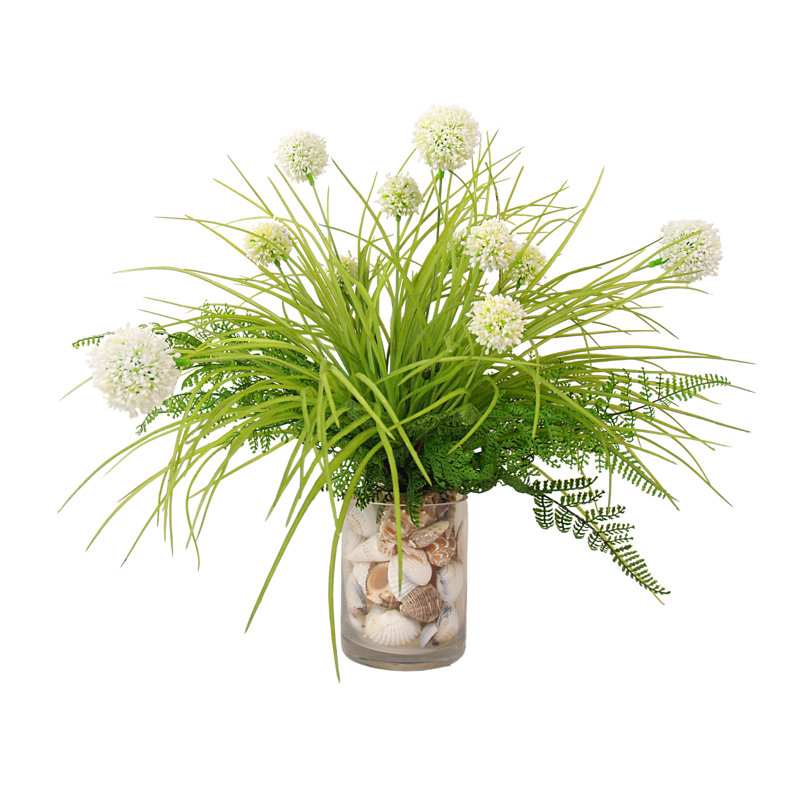 Allium and Fern Floral in Vase with Shells