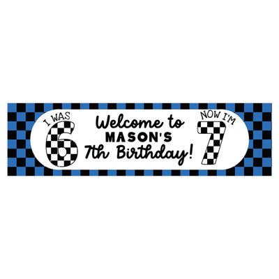 Koyal Wholesale 13X48 Inch Custom 6–7 Birthday Banner, Personalized Blue Checkered