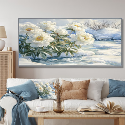Hiver, pivoines par la glace, rivière couverte III - pivoines, art mural
