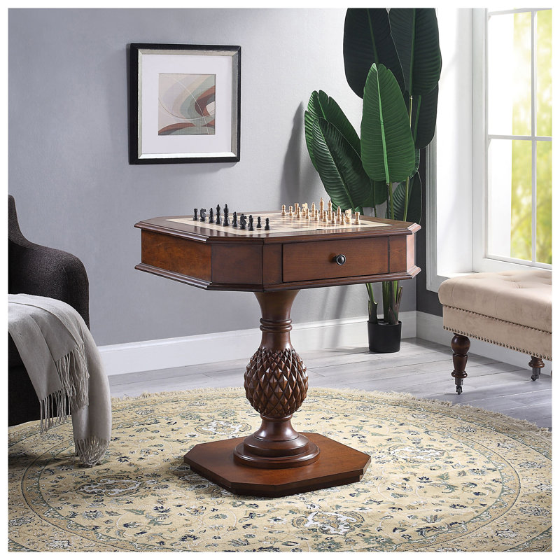 Table de jeu en cerisier avec base en piédestal et plateau réversible