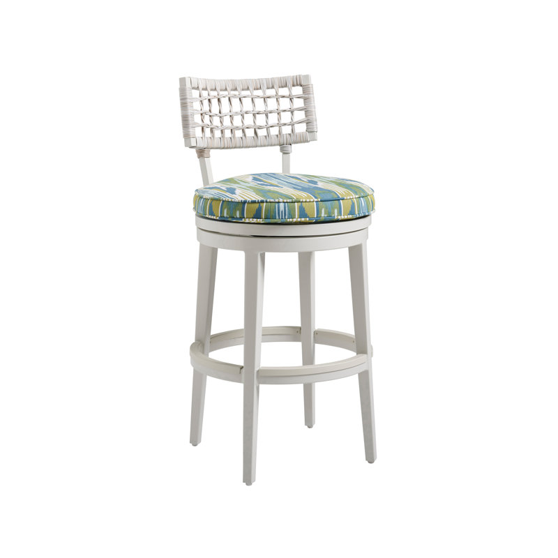 Oyster White Transitional Swivel Bar Stool with Herringbone Wicker