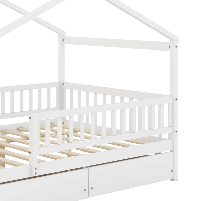 Full Size Wooden House Bed With Drawers, Blanc