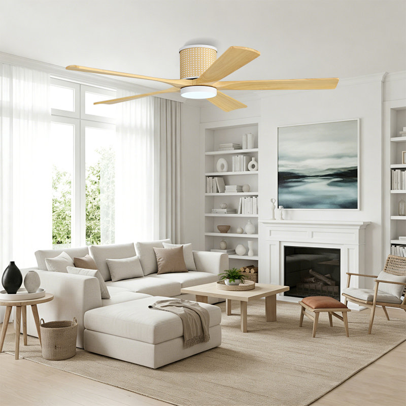 54 po Ventilateur de plafond encastré en rotin avec 5 pales, Blanc, Bois naturel