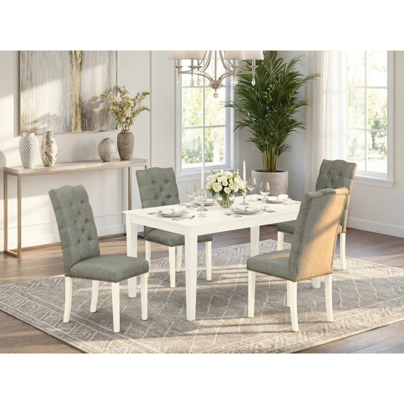 5 Piece Dining Table Set for 4 Includes a Rectangle Kitchen Table and 4 Gray Linen Fabric Upholstered Parson Chairs, Linen White