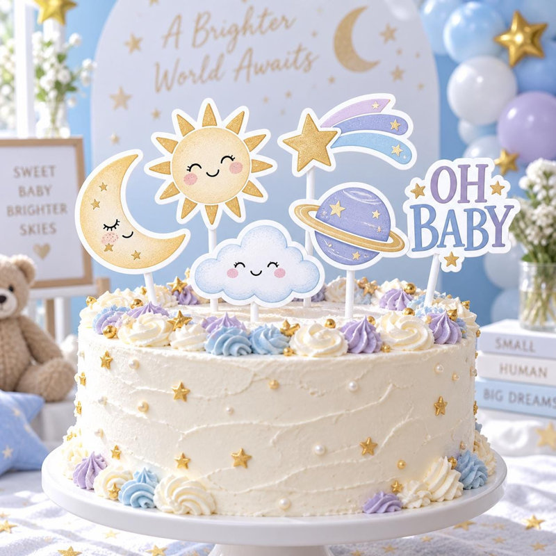 Ensemble de 6 décorations pour gâteau de naissance sur le thème céleste, motif lune et étoiles