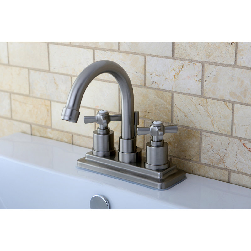 Kingston Brass Millennium Two-Handle 3-Hole Deck Mount 4" Centerset Bathroom Faucet with Brass Pop-Up, Brushed Nickel