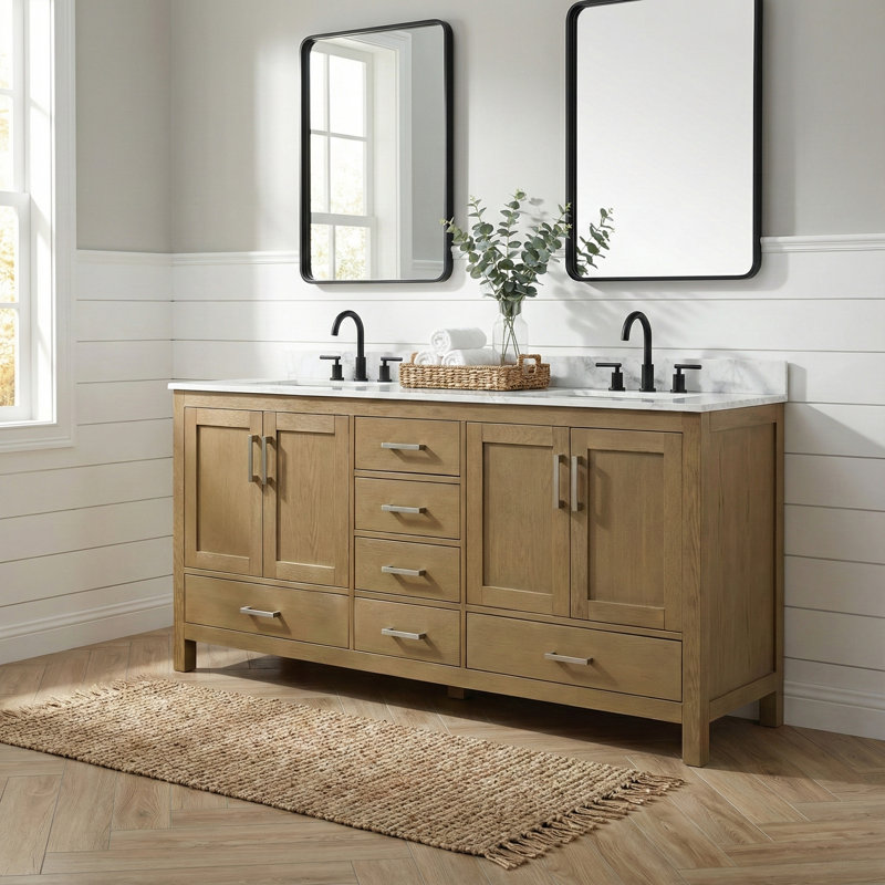 Armoire 72 "avec plateau en granite, armoire en bois massif avec double évier Chêne 72", Chêne, 72"