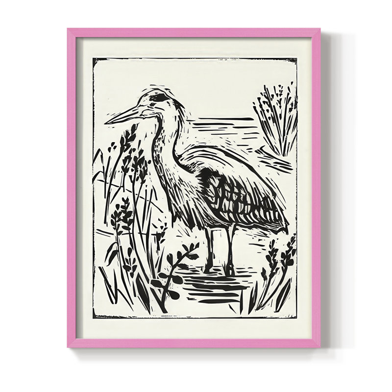 Linocut Style Seabird I, reproduction encadrée - bois massif, H 11 po x l 9 po, Rose
