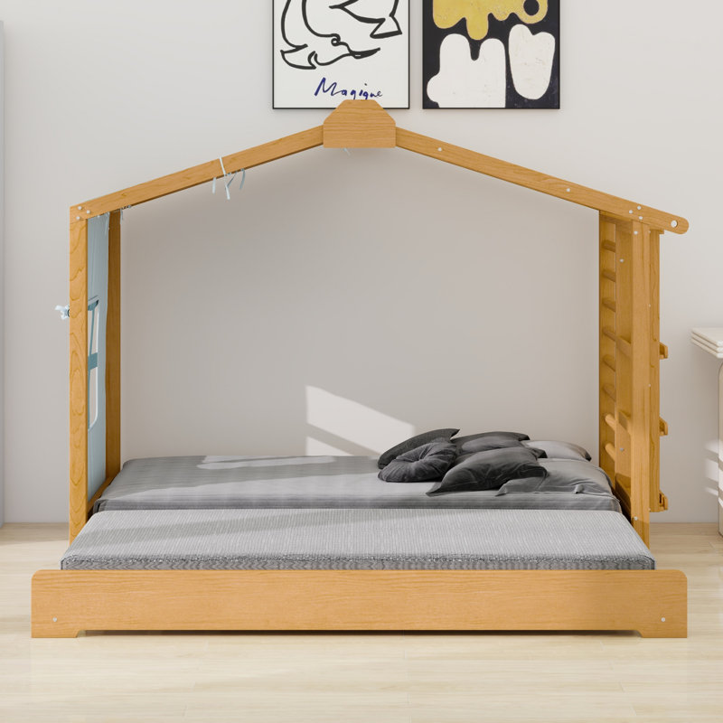 Lit contemporain avec lit gigogne et tablettes latérales, Naturel