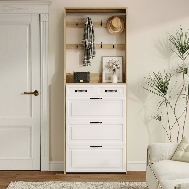 Range-chaussures avec 3 portes et 2 tiroirs avec support, grand espace de rangement, Blanc / Chêne