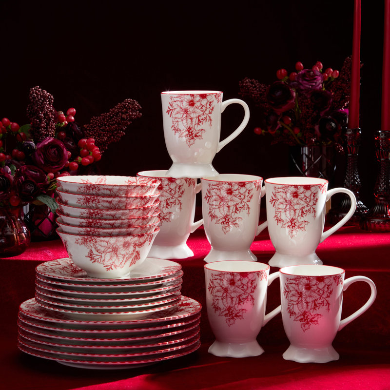 Ensemble de 6 tasses Crimson Noel - Six tasses en porcelaine blanche assorties de 16 onces, enveloppées dans des motifs botaniques en toile cramoisie, faisant de chaque gorgée d'hiver un rituel audacieux et magnifique.