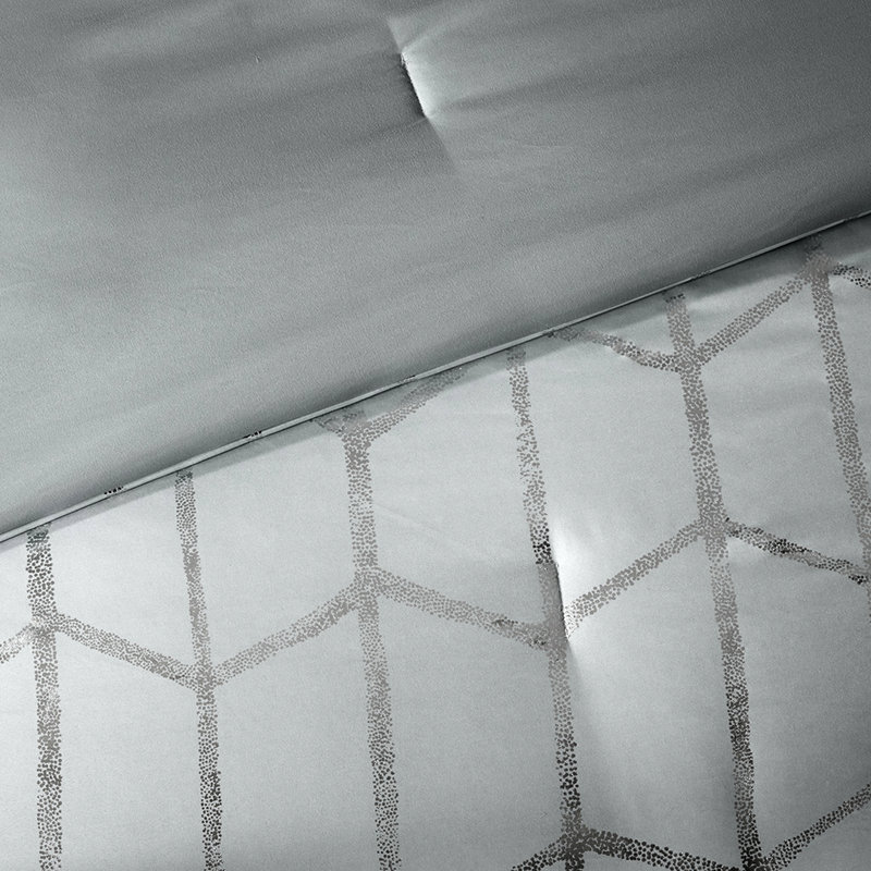 Très grand / très grand lit avec imprimé géométrique argenté sur fond gris, tissu confortable, 2 taies décoratives, coussins décoratifs, sécher par culbutage avec une microfibre douce, duvet et détente