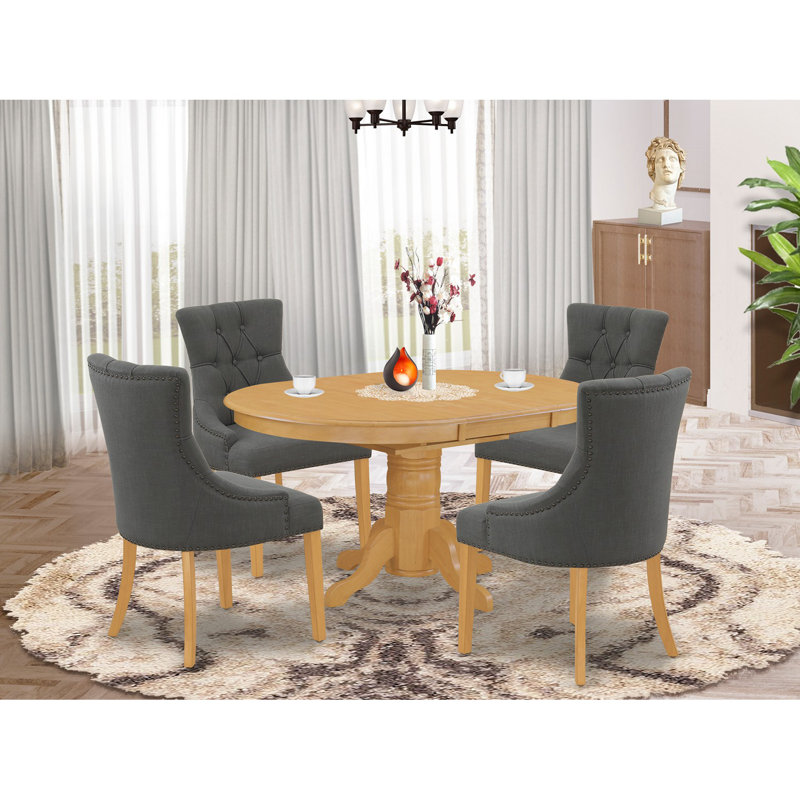 Ensemble de table de salle à manger 5 pièces comprenant une table ovale en bois avec feuille papillon et 4 chaises rembourrées en tissu Gotham