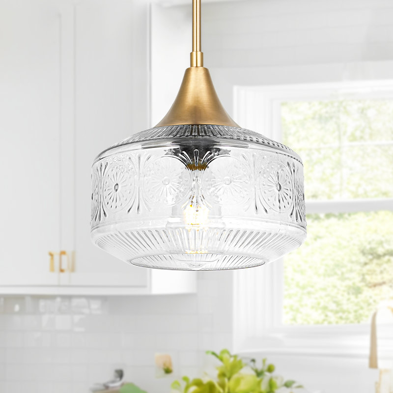 1-Light 9.25in Gold Glass Pendant Light, Gold, Clear