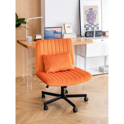 Fauteuil de bureau en velours orange sans accoudoirs avec roulettes - idéal pour le bureau à domicile, inclinaison réglable pour la relaxation, pivot sur 360 degrés, coussin de soutien supplémentaire approprié, confort ergonomique pour le maquillage, hauteur du siège