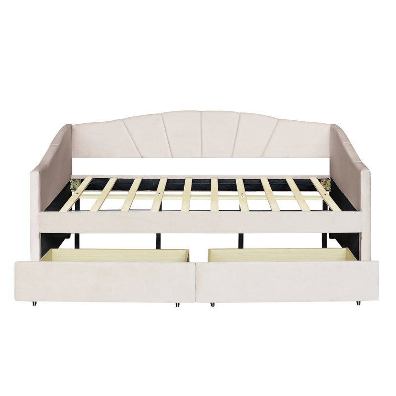 Lit de jour rembourré beige avec espace de rangement supplémentaire et structure stable avec deux tiroirs pratiques - Simplifiez-vous la vie
