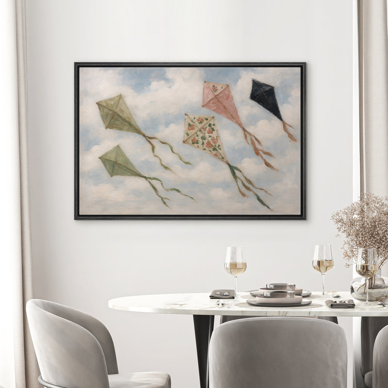 «Vintage Flying Kites Whimsical Kids Room Decor», reproduction d'art sur toile encadrée, H 16 po x l 24 po, Noir