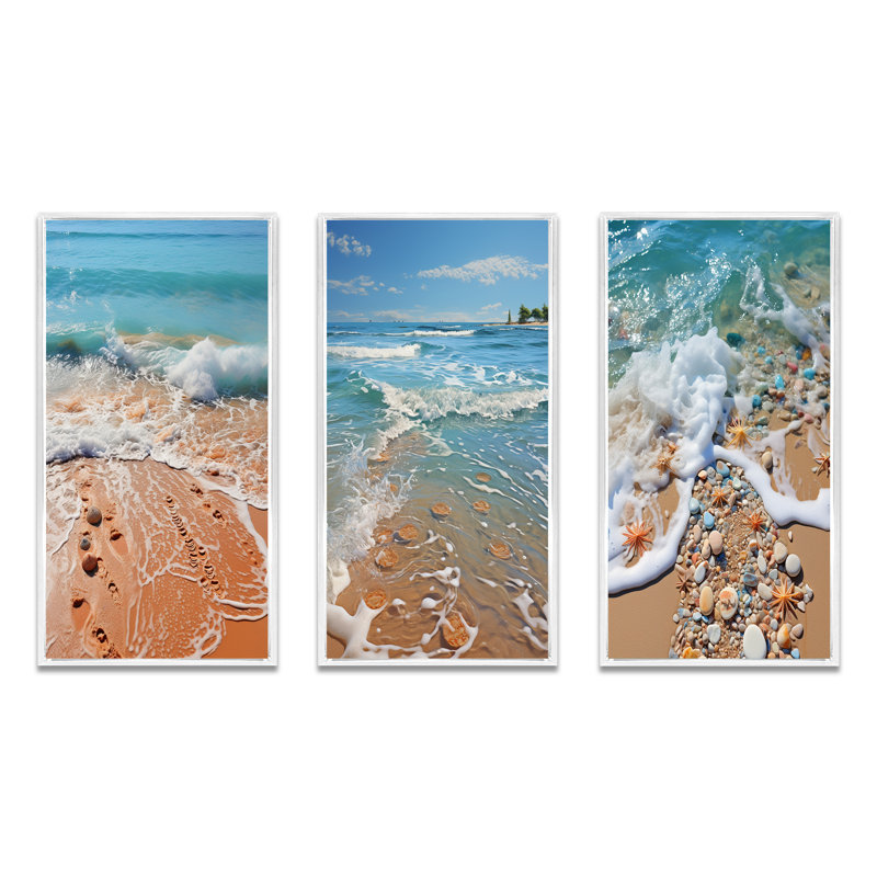 «Turquoise Beach Seashell», 3 pièces sur toile, Cadre blanc, H 40 po x l 60 po