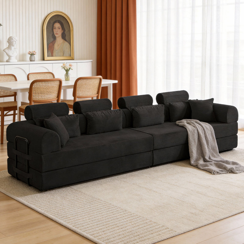 Canapé modulaire en L Boneless, Velours côtelé noir
