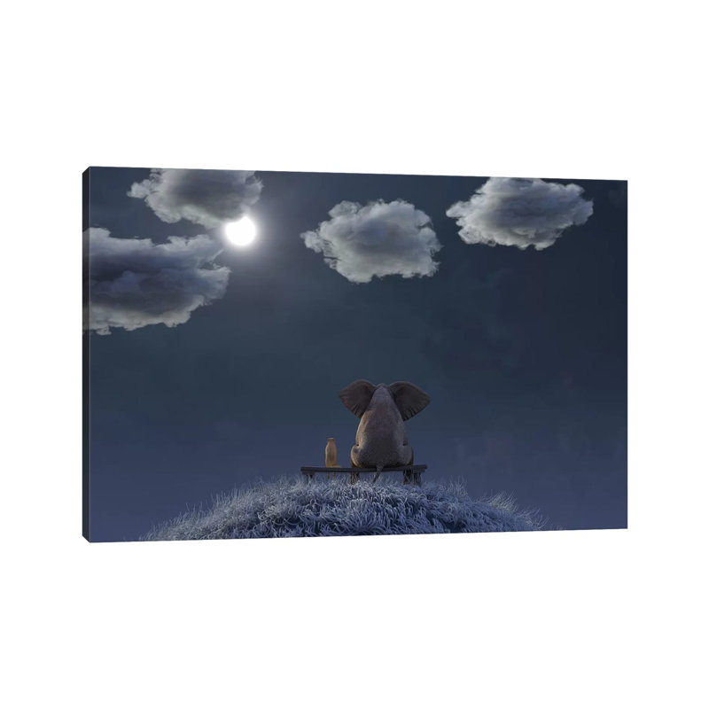 L’éléphant et le chien sont assis sur une prairie par une nuit de lune, H 12 po x l 18 po x P 1,5 po, Toile tendue