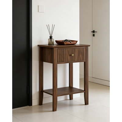 Fluted Wood Nightstand With Drawer, Mid-Century Modern Bedside Table With Open Shelf, Farmhouse Accent Table For Bedroom And Living Room