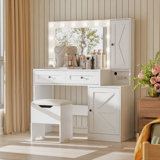 Farmhouse 43.3" Vanity Desk with Hollywood Mirror Lights, Rustic Dressing Table Set with 2 Drawers & 2 Cabinets, Large Makeup Vanity with Stool for Bedroom, Distressed Wood Vanity Desk with Storage