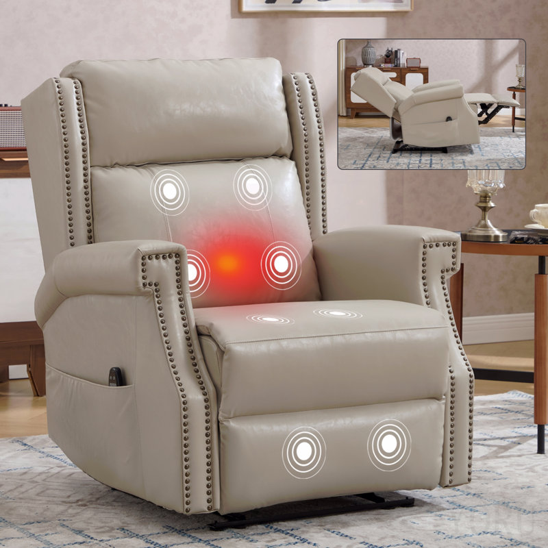 Fauteuil inclinable manuel beige en similicuir pour le salon avec mécanisme de mouvement robuste, 8 nœuds vibrants et 3 modes de massage.