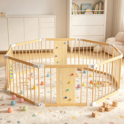 8-Panel New Zealand Pine Wood Baby Playpen, Foldable Safety Gate For Toddlers