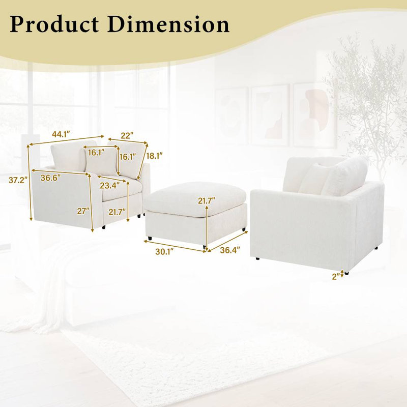 2 Chenille Sofa with Ottoman (Beige)