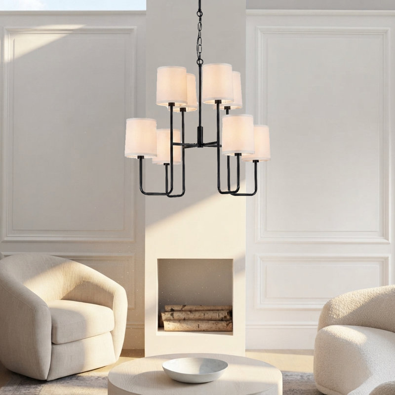 Lustre 8 lumières de style campagne moderne - noir bicolore avec abat-jour en lin sur mesure, Matte Black