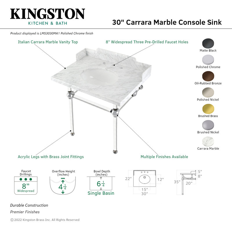 Kingston Brass Pemberton 30-Inch Carrara Marble Console Sink with Acrylic Legs (8-Inch, 3-Hole), Marble White/Black/Gray
