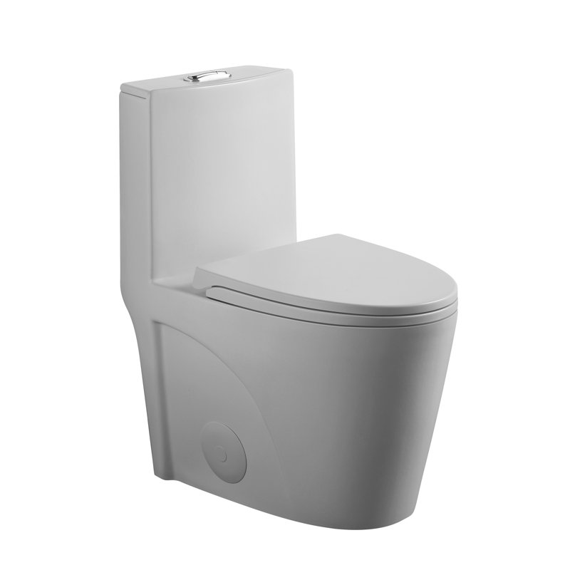 Une toilette avec double chasse d'eau 001. Siège à fermeture en douceur 1,1 / 1,6. Eau, bol allongé. Hauteur, en céramique grise Chasse, hauteur. Pour la catégorisation
