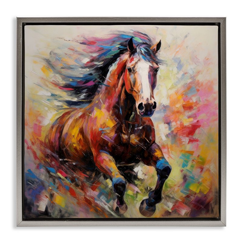 Cheval vif au galop, Cadre flottant gris lustré, H 18 po x l 18 po