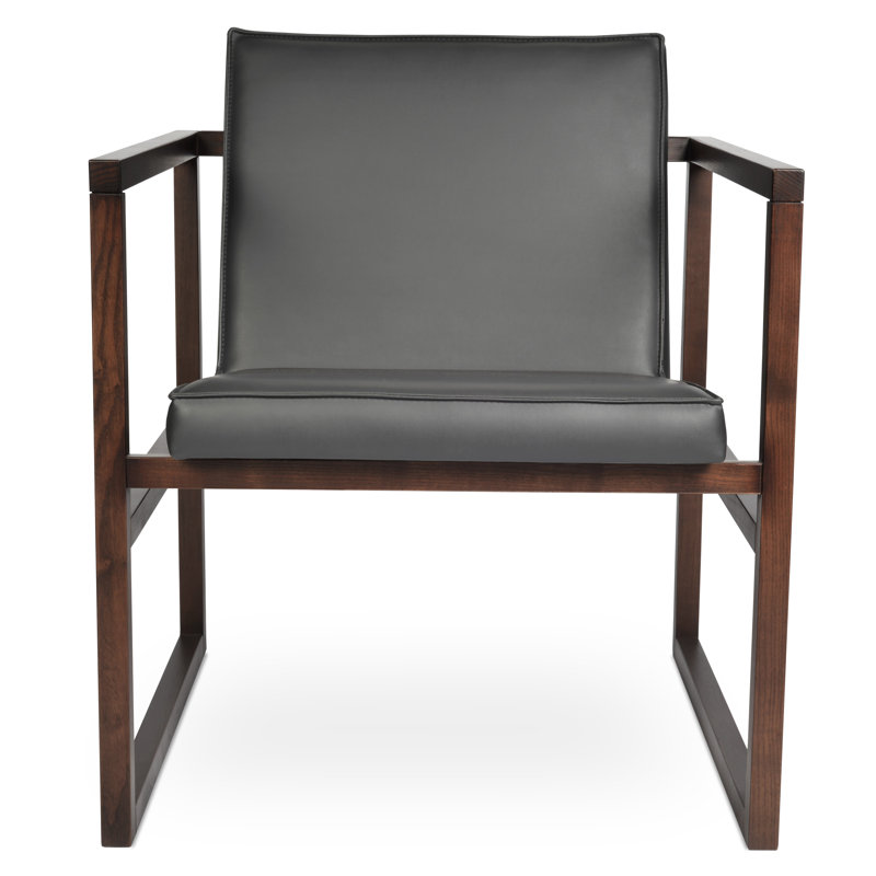 Fauteuil cubique en bois, Similicuir gris, Brun foncé