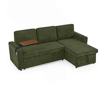Canapé-lit moderne et multifonctionnel avec table rétractable et éclairage à DEL, ports de chargement USB et porte-gobelets